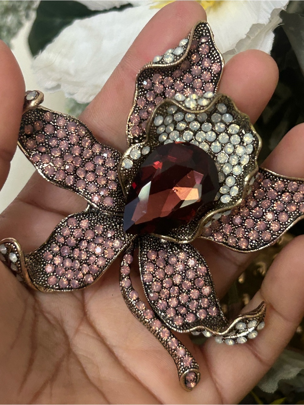 Pink Crystal Flower Brooch with Ruby Red Center